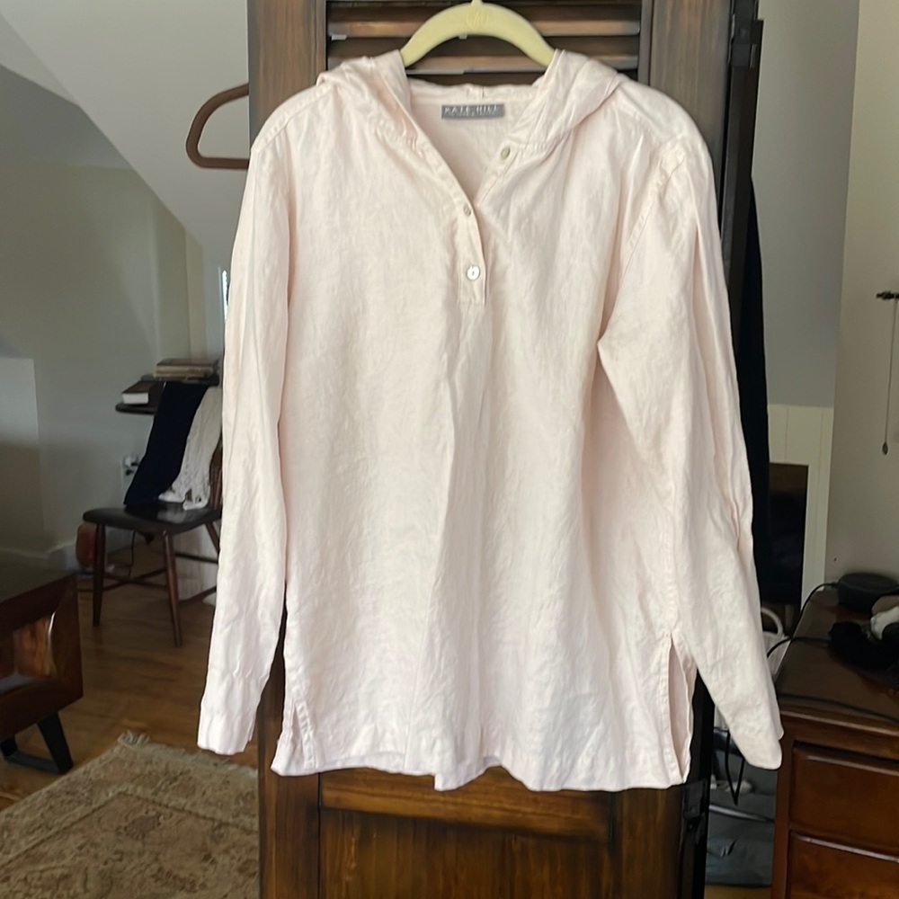 Kate Hill Linen pale pink hoodie with petal buttons